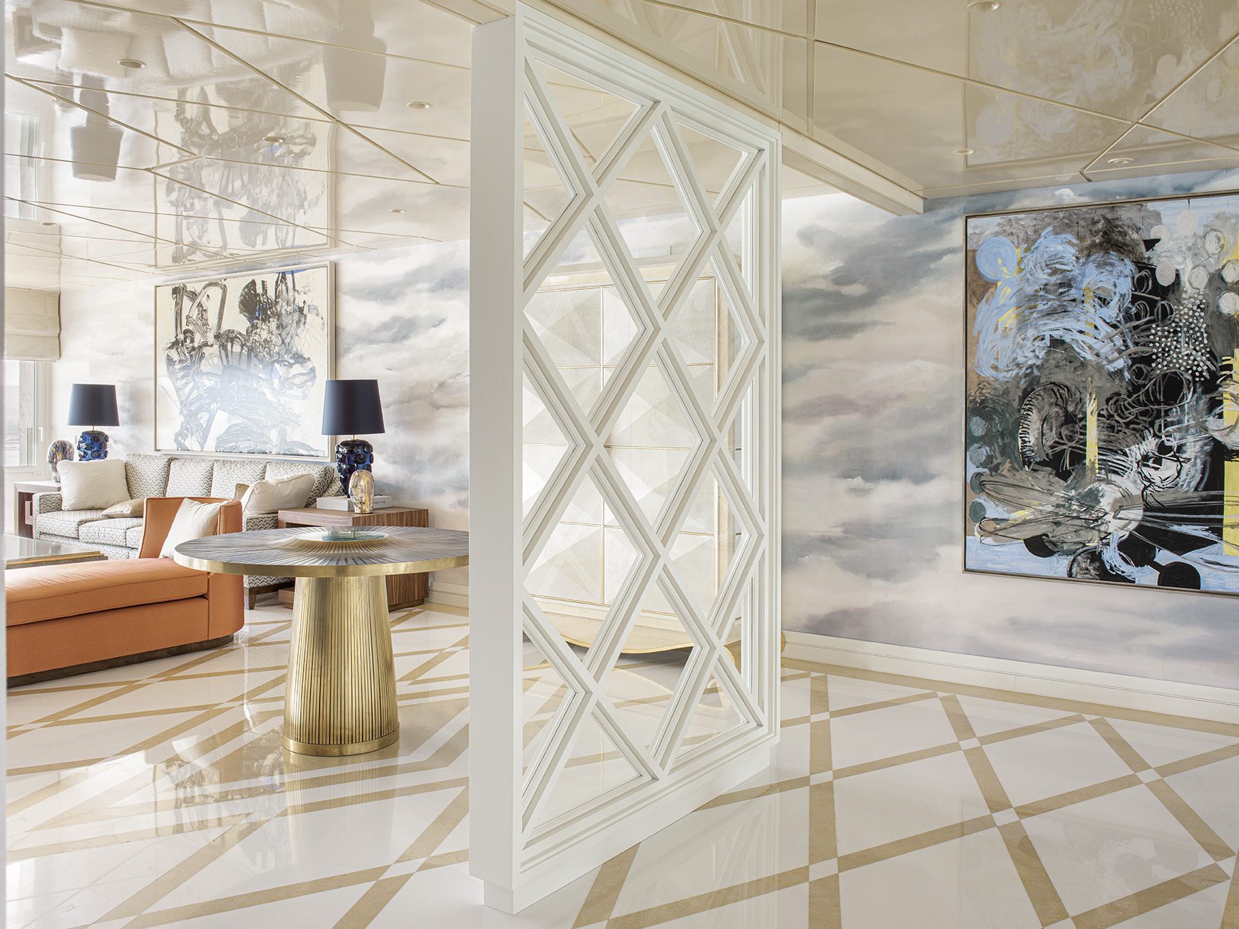 2 a Hall livingroom salón cristal gueridon chaiselounge lujo sofisticado cuadro painting by Xavier Grau